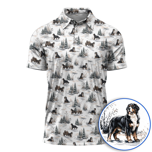 Bernese Mountain Pattern Golf Polos, Snowy Bernese Dog Golf Shirt, Dog Lover Golf Gift