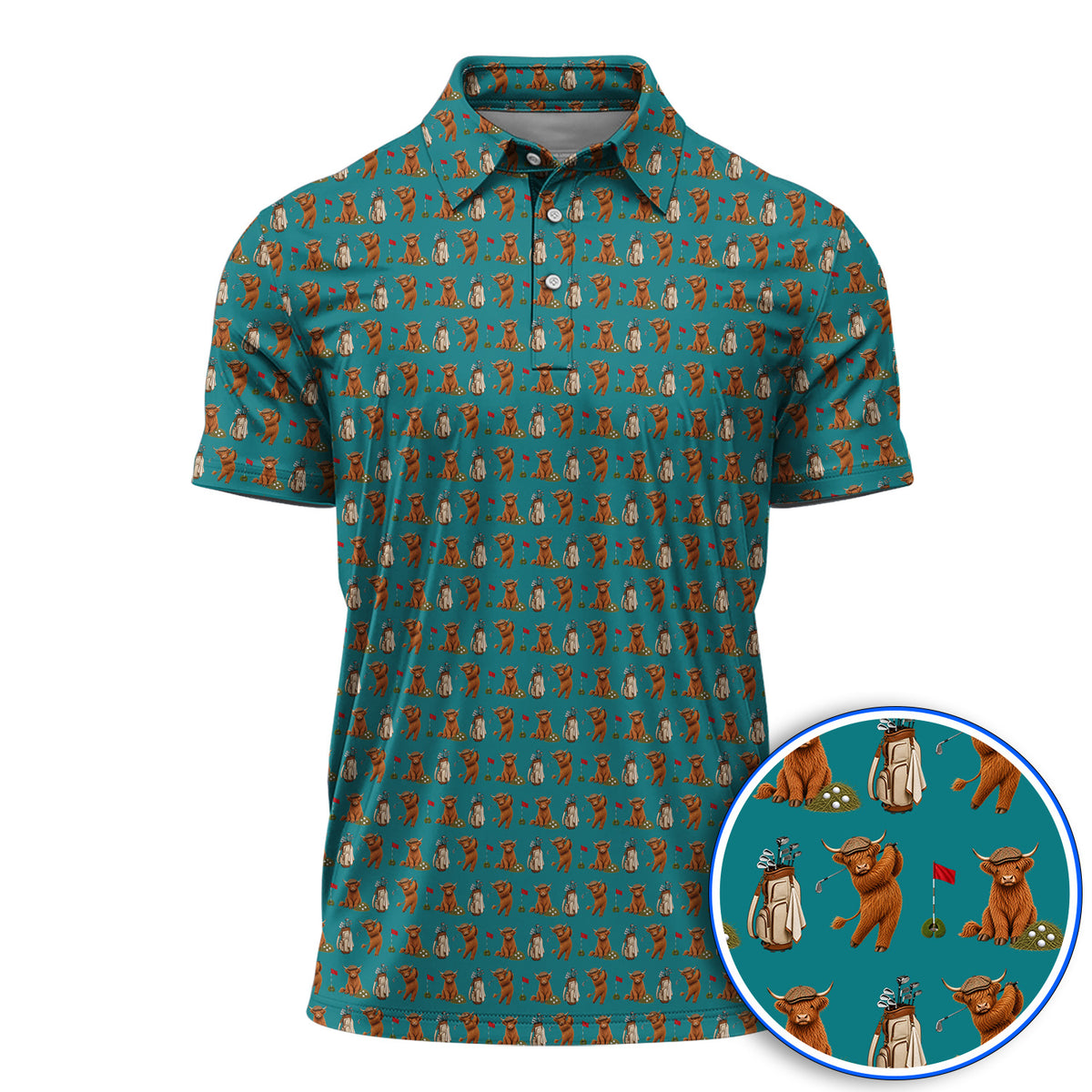 Funny Highland Cow Golf Polos, Highland Cow Pattern Golf Shirt, Golf Gift For Golfer