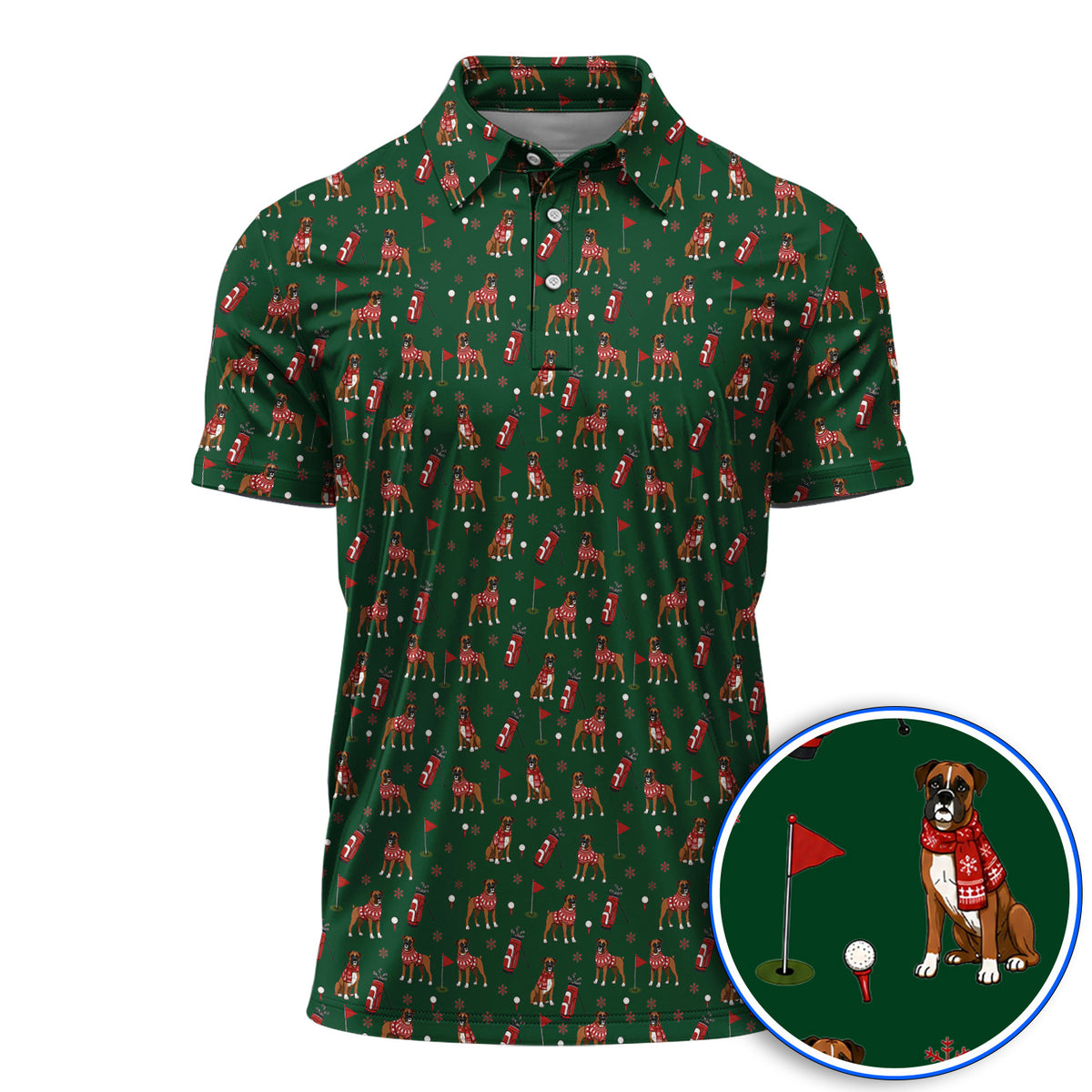Boxer Christmas Golf Polos, Holiday Dog Pattern Golf Shirt, Festive Golf Gift for Golfers