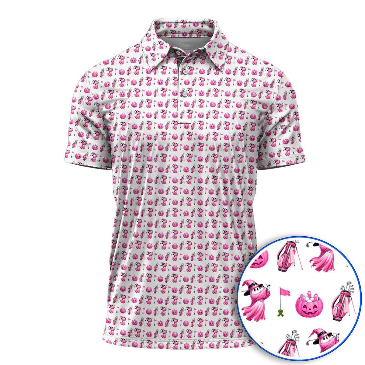 Pink Pumpkin Swing Breast Cancer Awareness Golf Shirt, Halloween Golf & Pink Ribbon Pattern Polos, October Golf Gift For Golfer