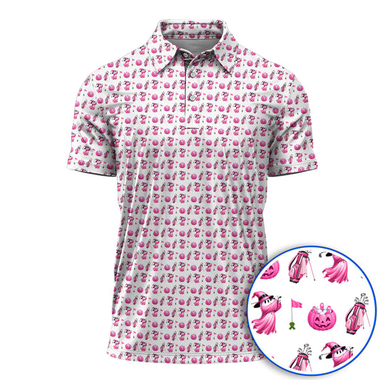 Pink Pumpkin Swing Breast Cancer Awareness Golf Shirt, Halloween Golf & Pink Ribbon Pattern Polos, October Golf Gift For Golfer
