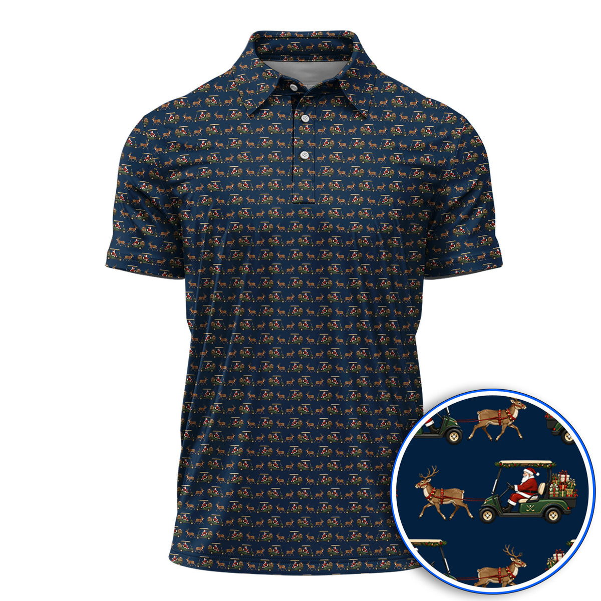 Santa Reindeer Golf Cart Polos, Xmas Pattern Golf Shirt, Crazy Christmas Golf Gift