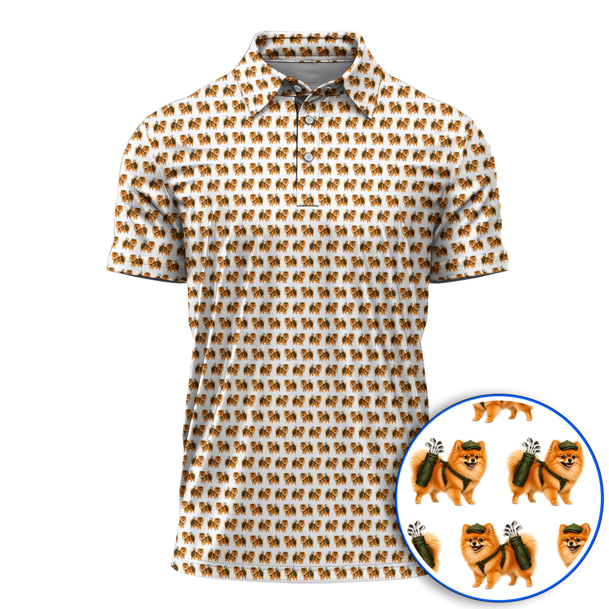 Golden Pomeranian Pattern Golf Polos, Cute Pomeranian Dog Golf Shirt, Funny Golf Gift For Golfer