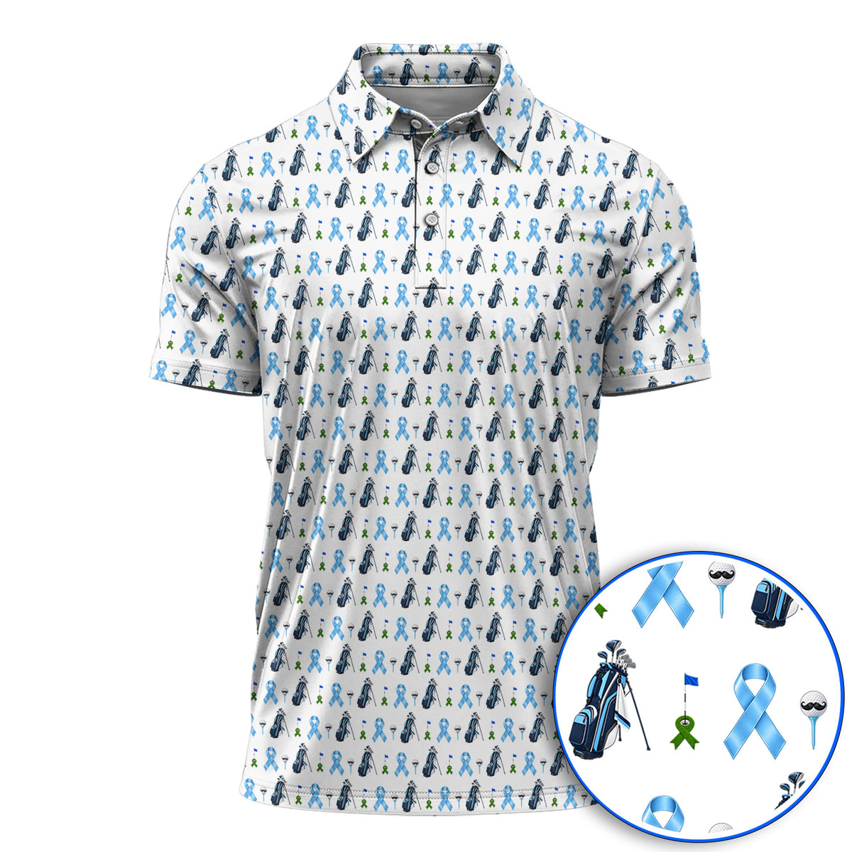 Prostate Cancer Awareness Golf Polos, Blue Ribbon Golf Pattern Shirt, Prostate Cancer Support Gift for Golfers