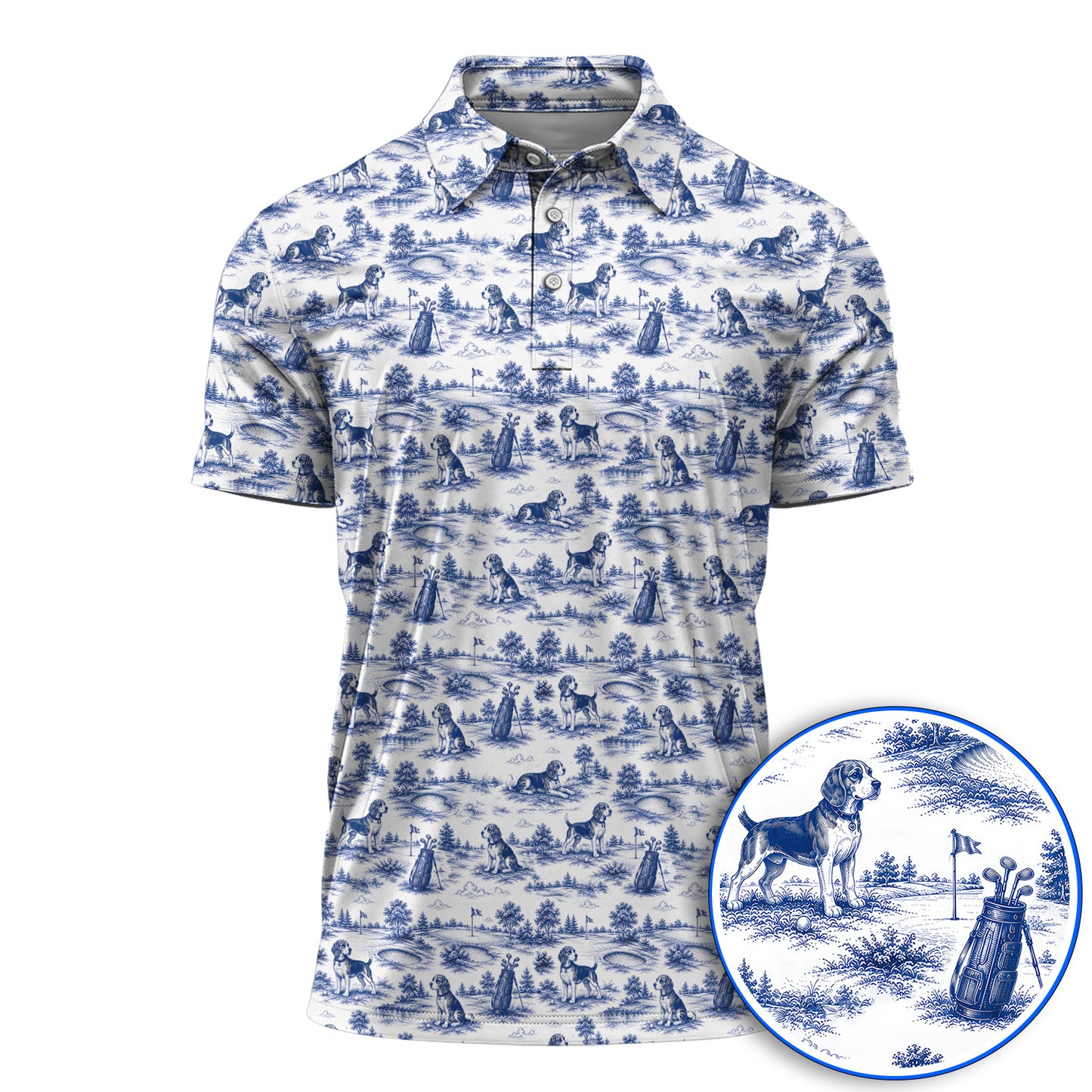 Beagle Toile De Jouy Golf Shirt, Vintage Dog Pattern Golf Polos, Beagle Lover Golf Gift