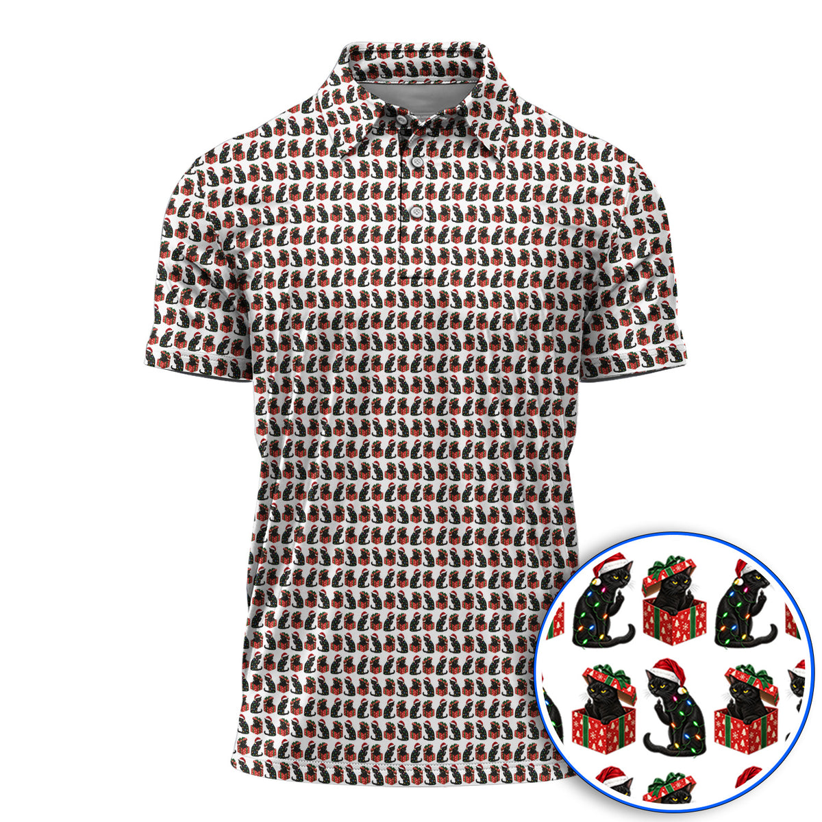 Black Cat Christmas Pattern Golf Polos, Funny Christmas Cat Golf Shirt, Holiday Gift for Cat Lovers