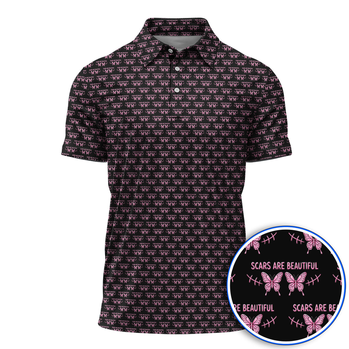 Scars Are Beautiful Breast Cancer Awareness Golf Polos, Pink Butterfly Survivor Pattern Shirt, Inspirational Golf Gift for Golfer