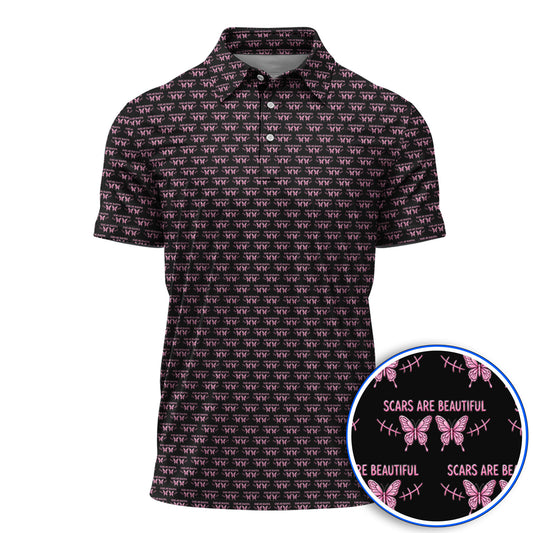 Scars Are Beautiful Breast Cancer Awareness Golf Polos, Pink Butterfly Survivor Pattern Shirt, Inspirational Golf Gift for Golfer