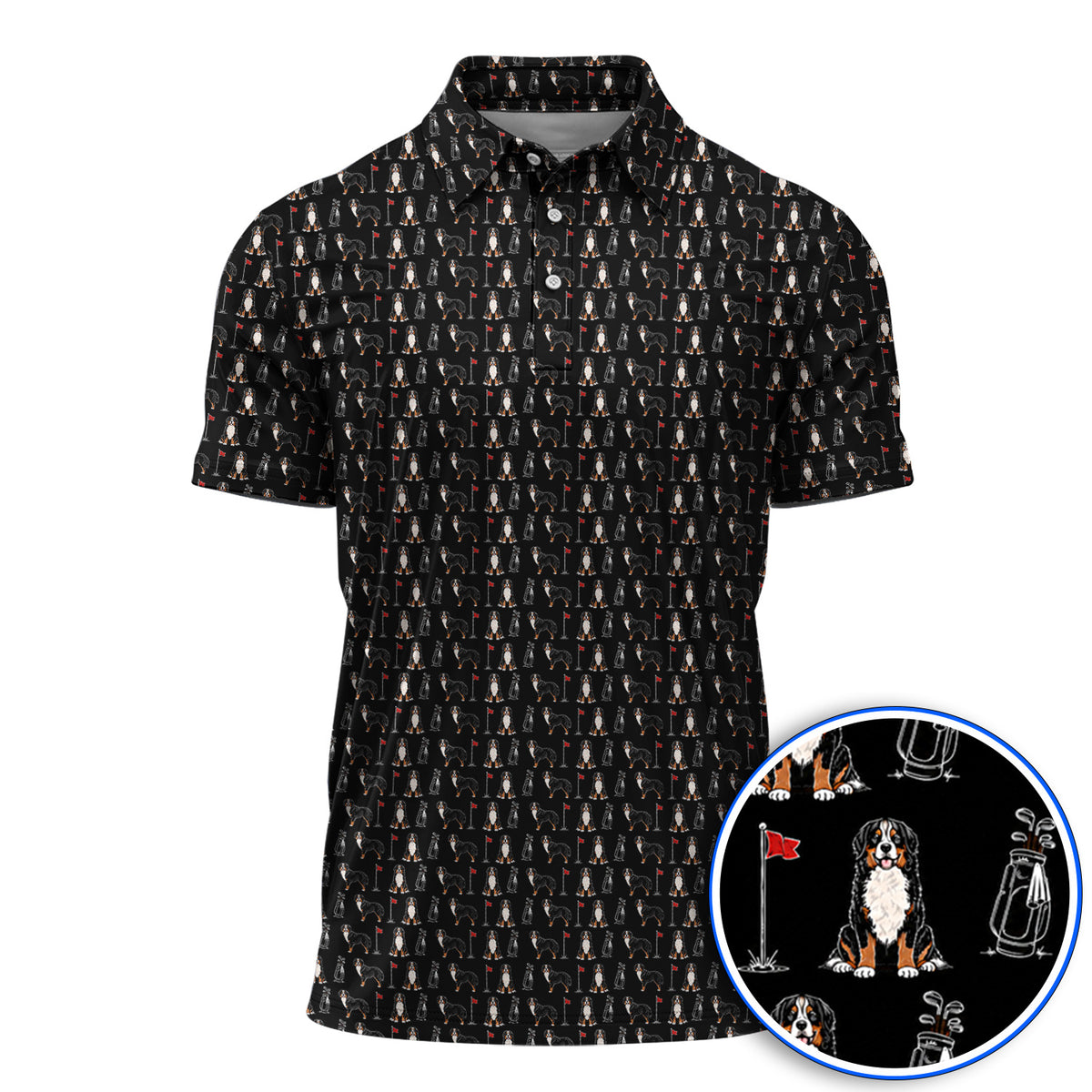 Bernese Mountain Dog Golf Pattern Shirt, Funny Bernese Golf Polos, Dog Lover Golf Gift
