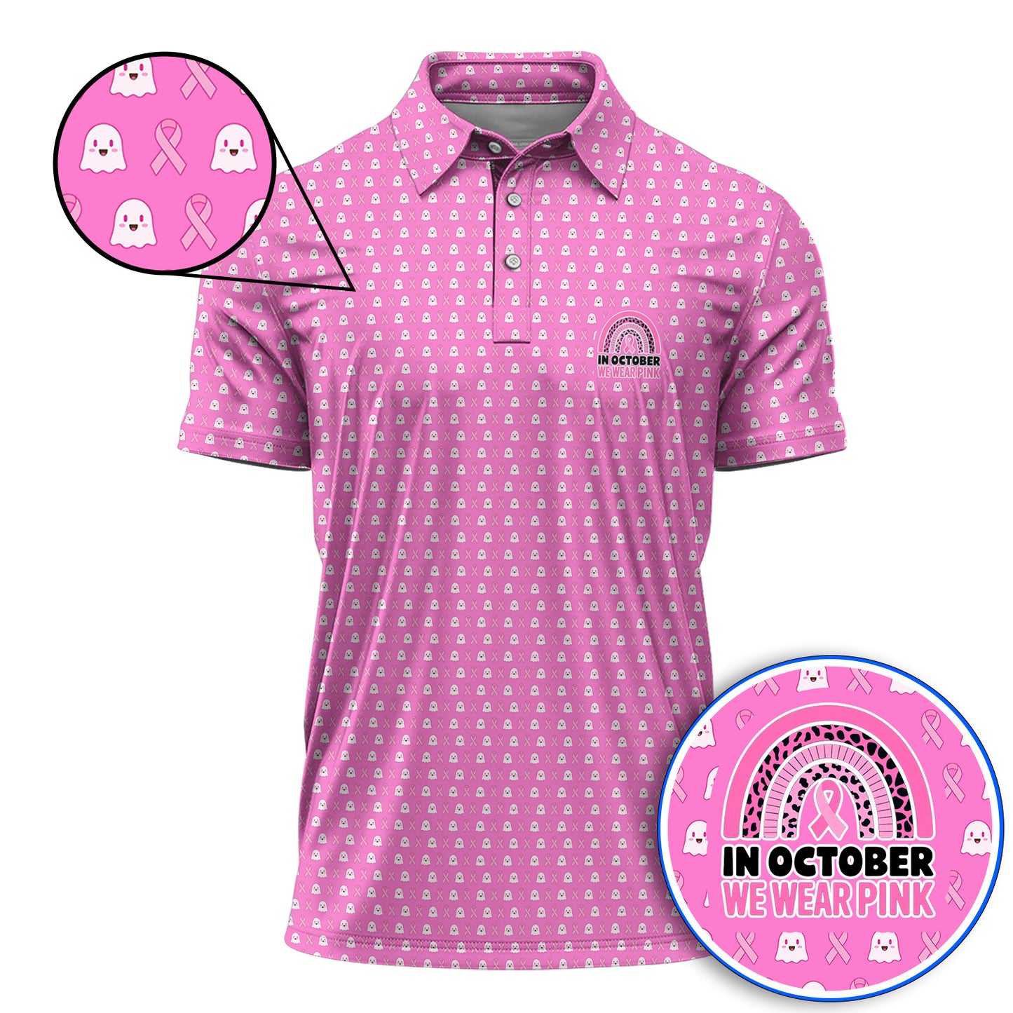 Breast Cancer Awareness Golf Polos, In October We Wear Pink Pattern Golf Shirt, Pink Ribbon Golf Gift for Breast Cancer Support
