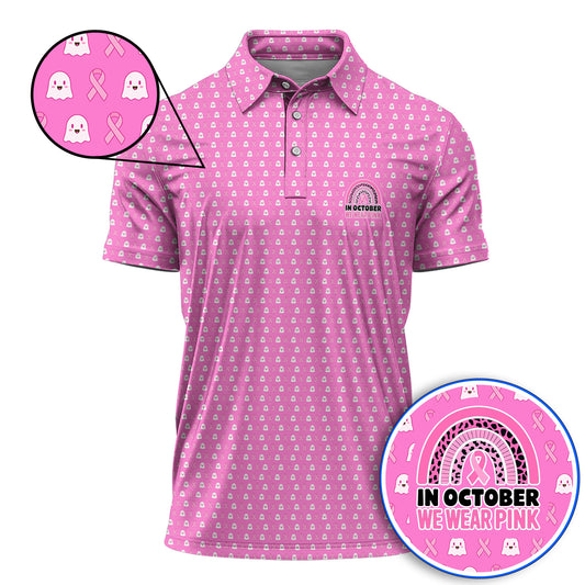 Breast Cancer Awareness Golf Polos, In October We Wear Pink Pattern Golf Shirt, Pink Ribbon Golf Gift for Breast Cancer Support