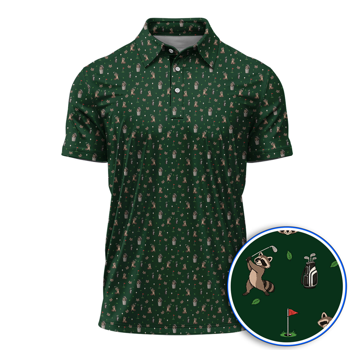 Raccoon Golf Polos, Playful Raccoon Golf Pattern Shirt, Funny Animal Golf Gift for Golfer