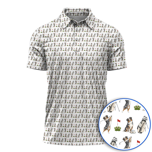 Australian Shepherd Pattern Golf Polos, Aussie Dog Golf Shirt, Crazy Golf Gift For Golfer