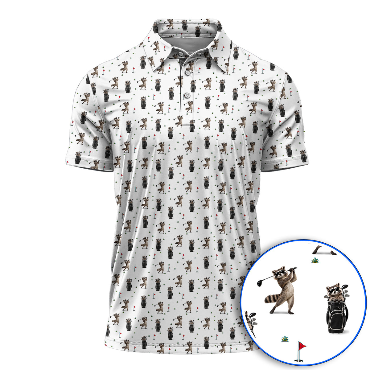 Raccoon Golf Polos, Funny Raccoon Golf Pattern Shirt, Cute Golf Animal Gift For Golf Lovers