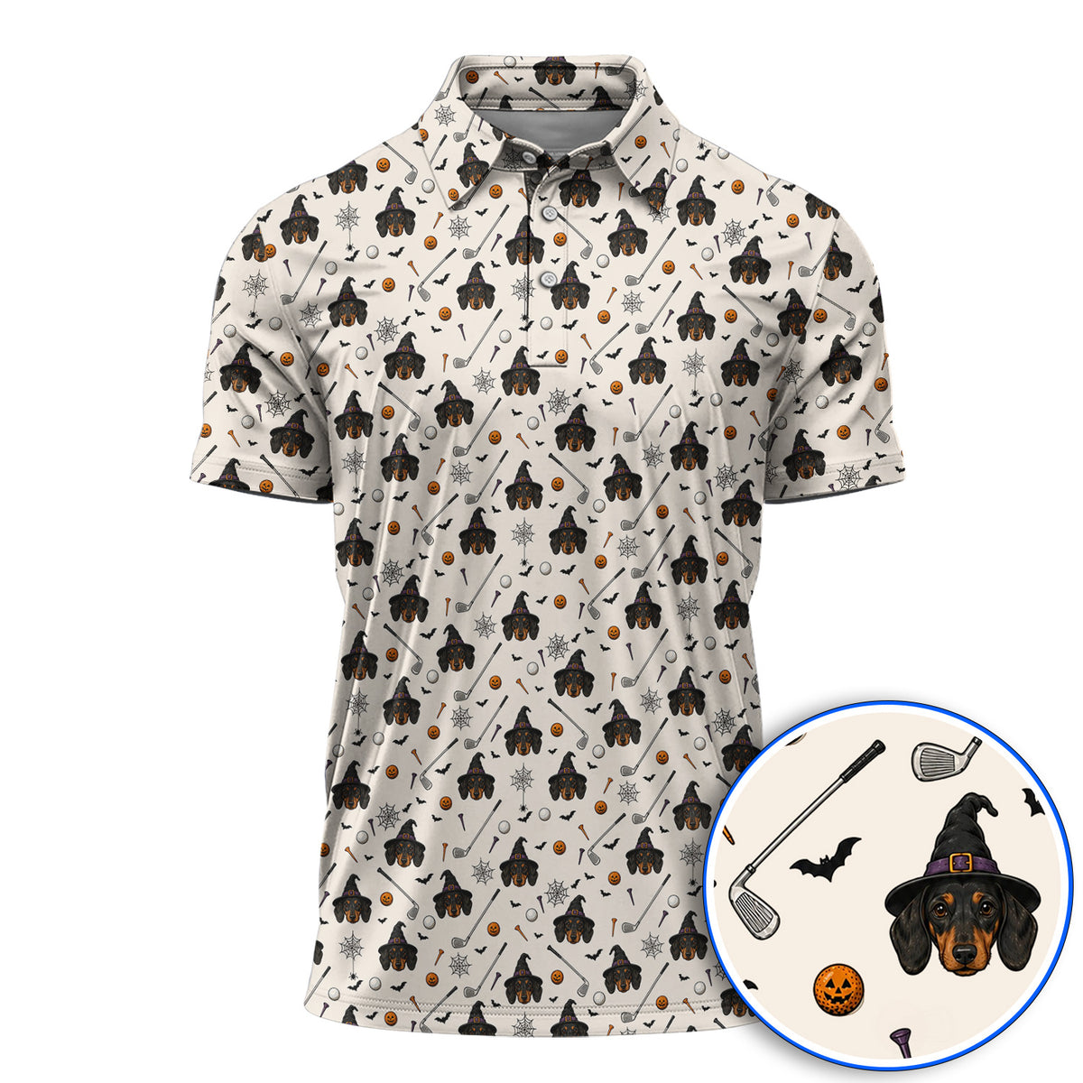 Witch Dachshund Golf Polos, Halloween Wiener Dog Pattern Golf Shirt, Golf Gift for Golfer