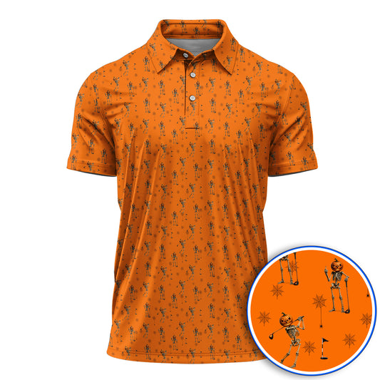 Halloween Skeleton Golf Polos, Pumpkin Head Pattern Golf Shirt, Funny Golf Gift for Golfer