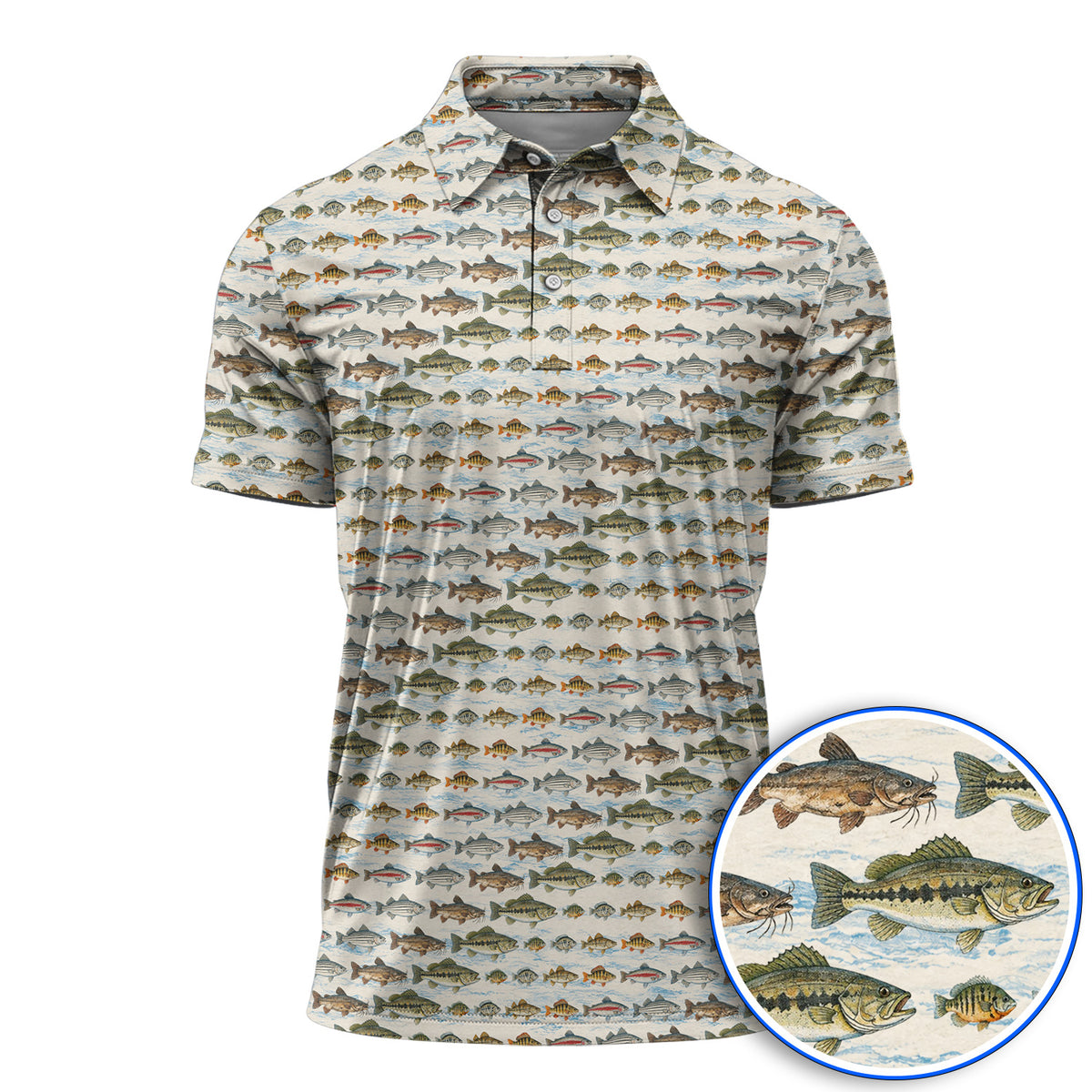 Freshwater Fishing Pattern Golf Shirt, Bass Trout Catfish & Perch Golf Polos, Fishing Gift For Golfer