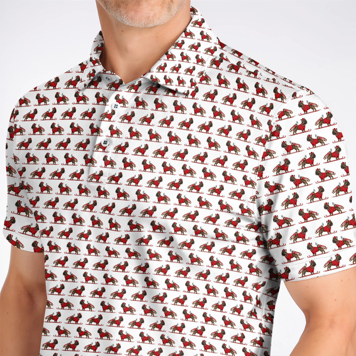 French Bulldog Holiday Golf Polos, Christmas Dog Pattern Golf Shirt, Festive Golf Gift for Golfers