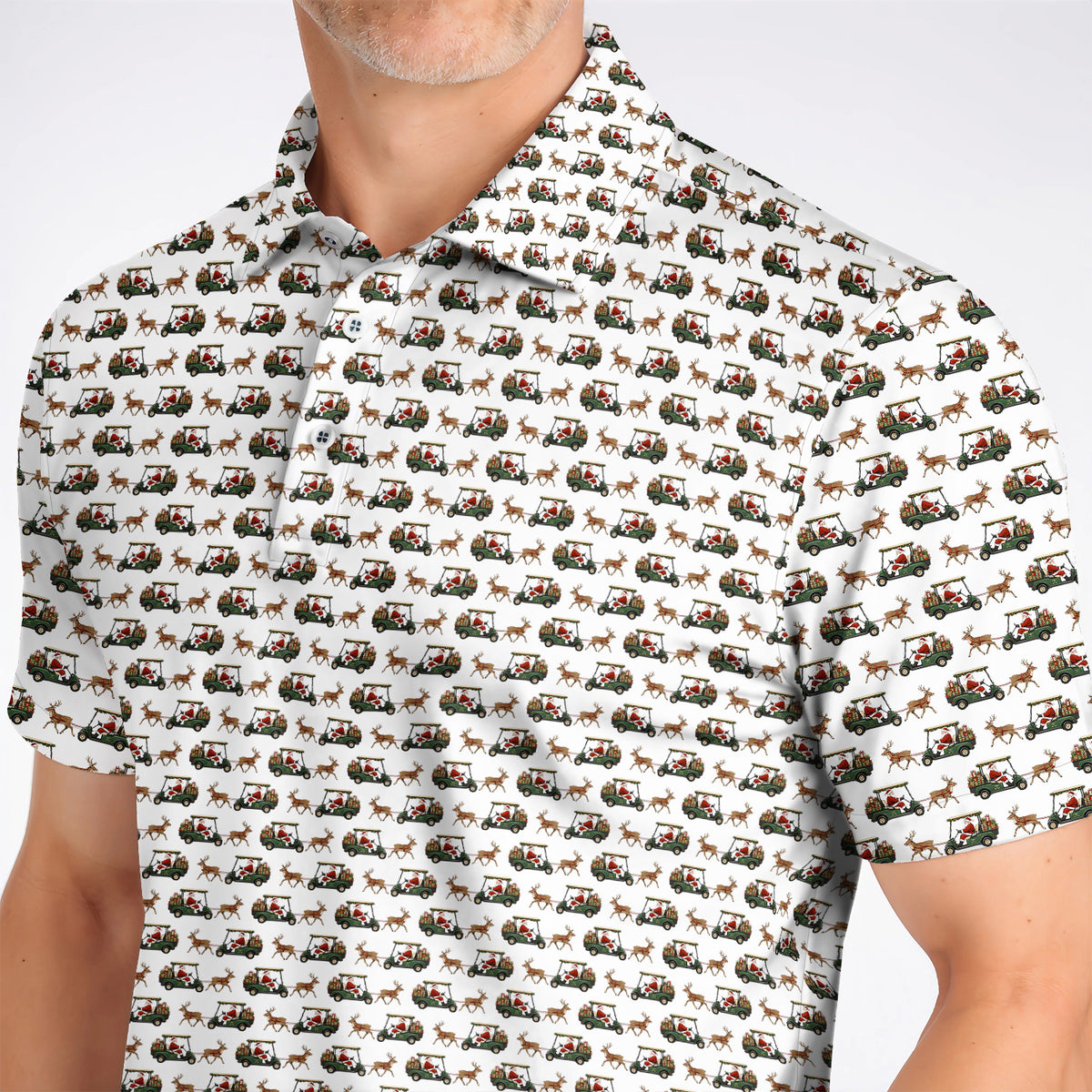 Santa Reindeer Golf Cart Polos, Xmas Pattern Golf Shirt, Crazy Christmas Golf Gift