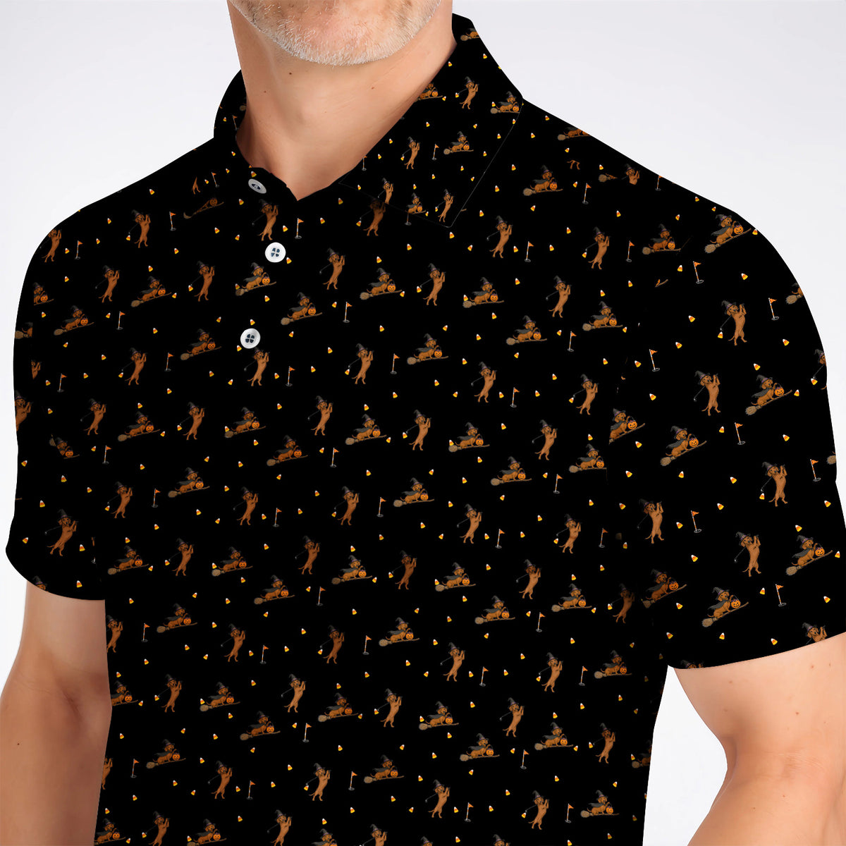 Funny Witch Dachshund Golf Shirt, Halloween Wiener Dog Pattern Golf Polos, Golf Gift for Golfer