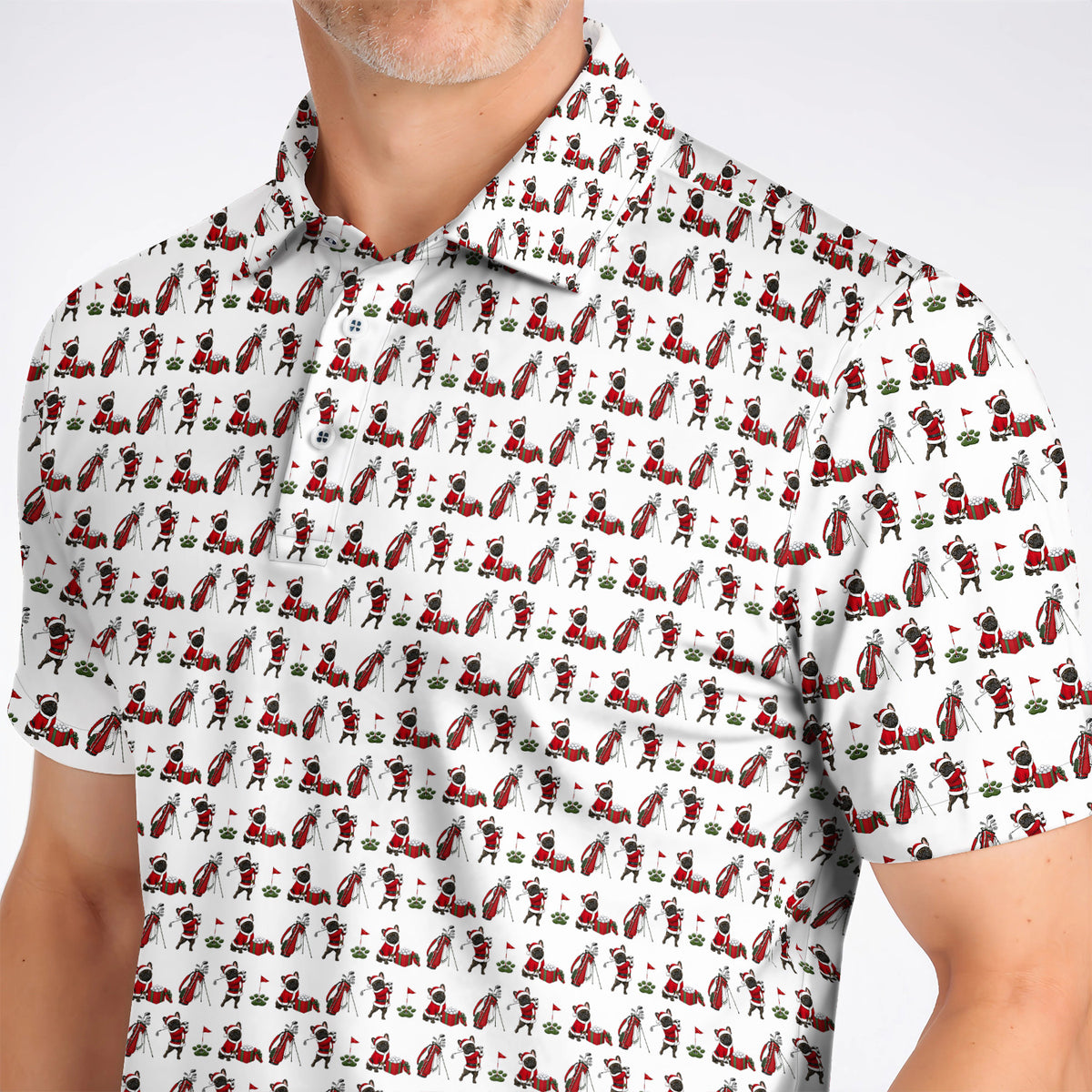 Christmas French BullDog Pattern Golf Polos, Funny Santa French BullDog Holiday Golf Shirt, Xmas Golf Gift For Golfers