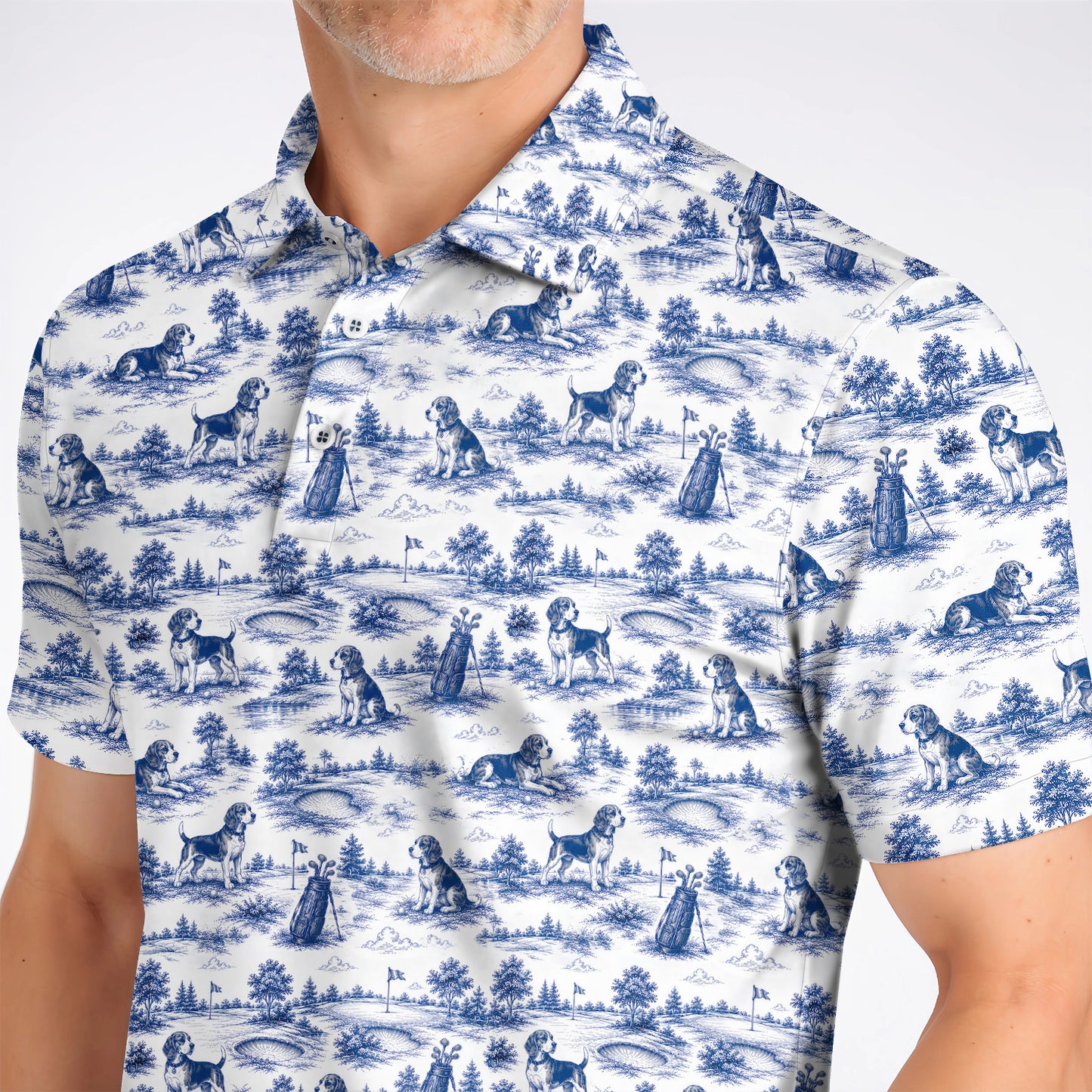 Beagle Toile De Jouy Golf Shirt, Vintage Dog Pattern Golf Polos, Beagle Lover Golf Gift