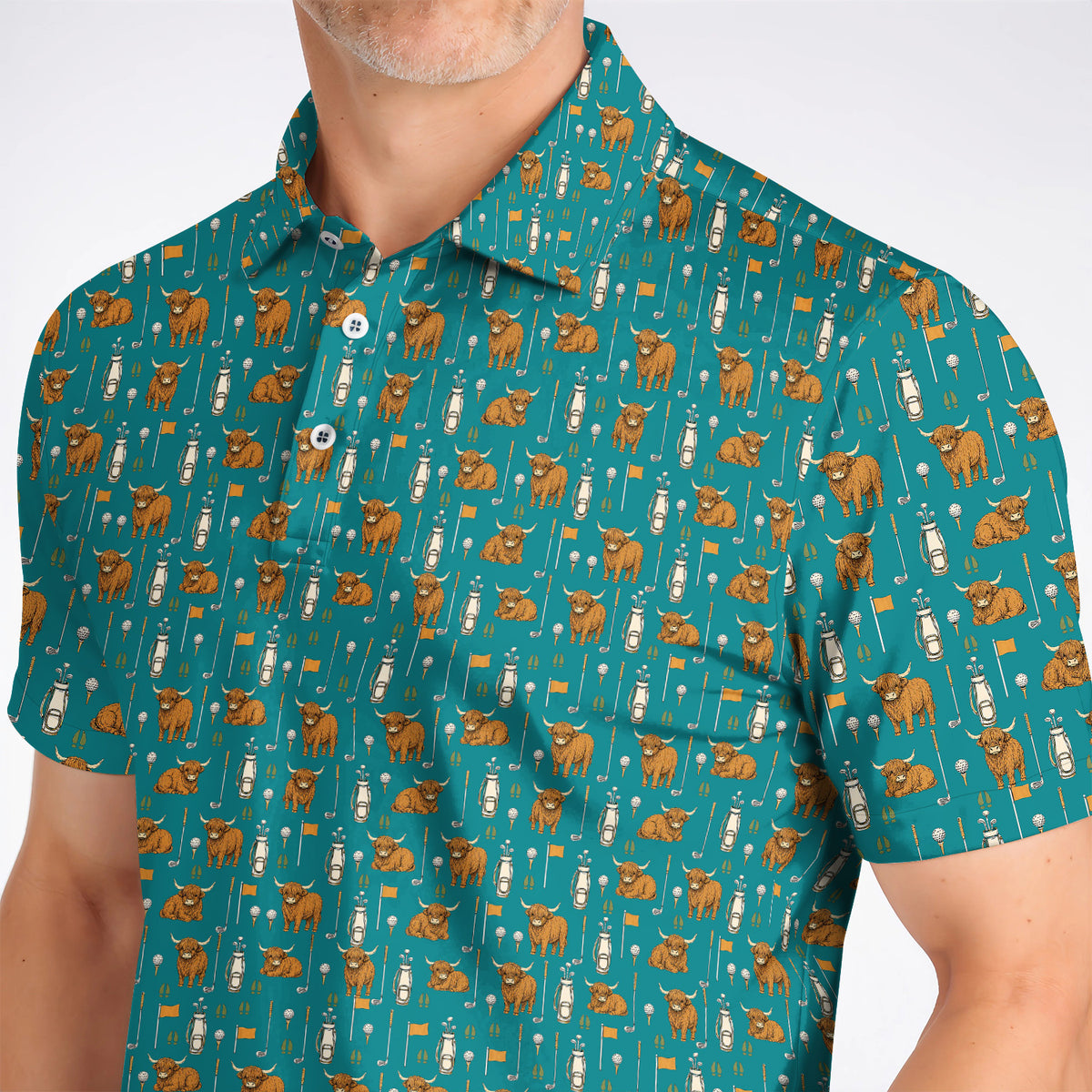 Highland Cow Fairway Polos, Highland Cow Golf Pattern Shirt, Golf Gift For Golfer