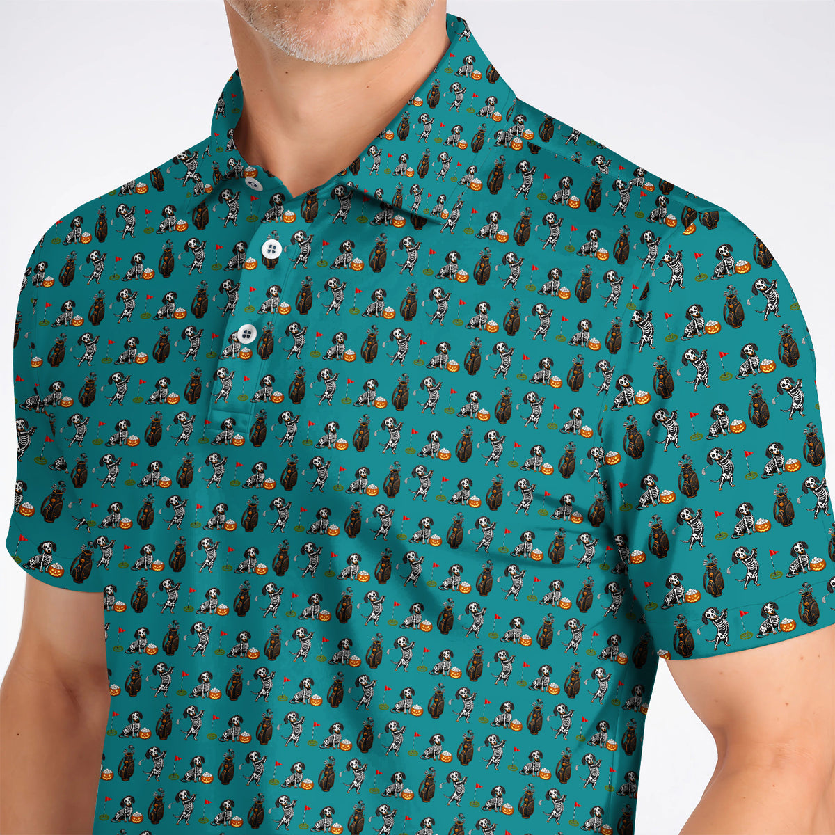 Halloween Dachshund Golf Polos, Skeleton Wiener Dog Pattern Golf Shirt, Funny Golf Gift for Golfer