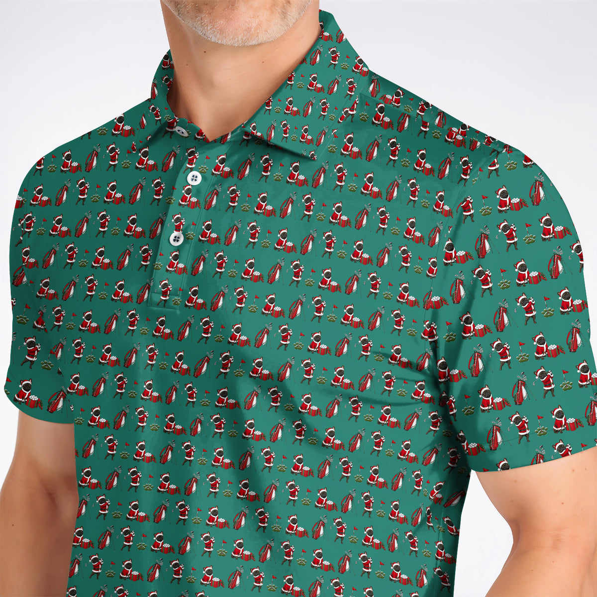 Christmas French BullDog Pattern Golf Polos, Funny Santa French BullDog Holiday Golf Shirt, Xmas Golf Gift For Golfers