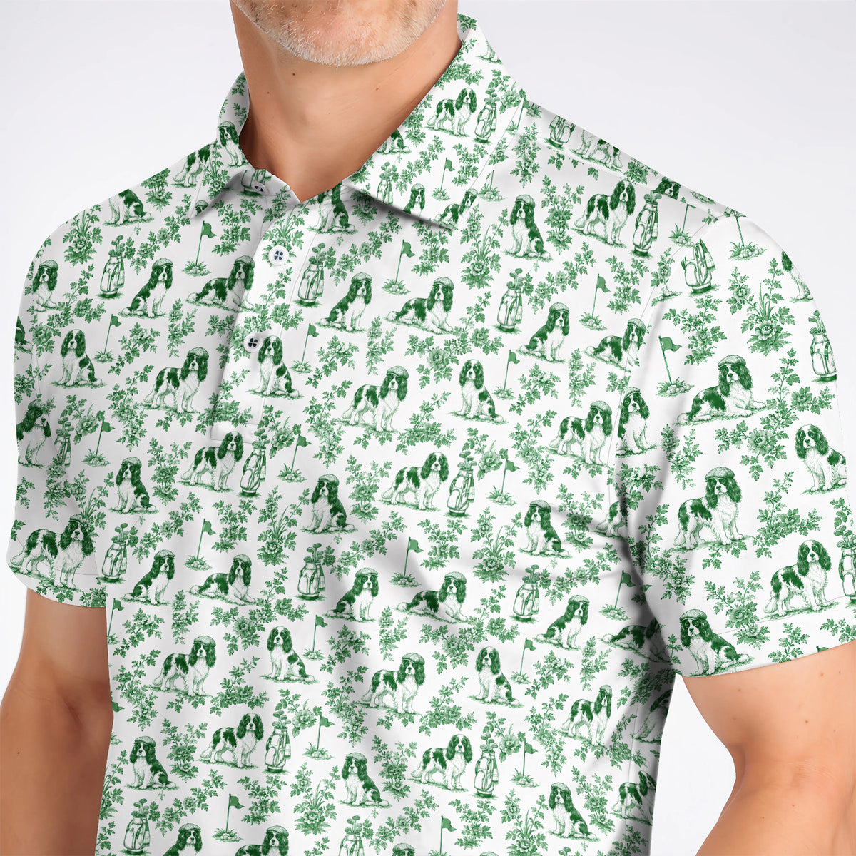 Funny Cavalier King Charles Spaniel Golf Polos, Toile de Jouy Cavalier Pattern Golf Shirt, Golf Gift For Golfer
