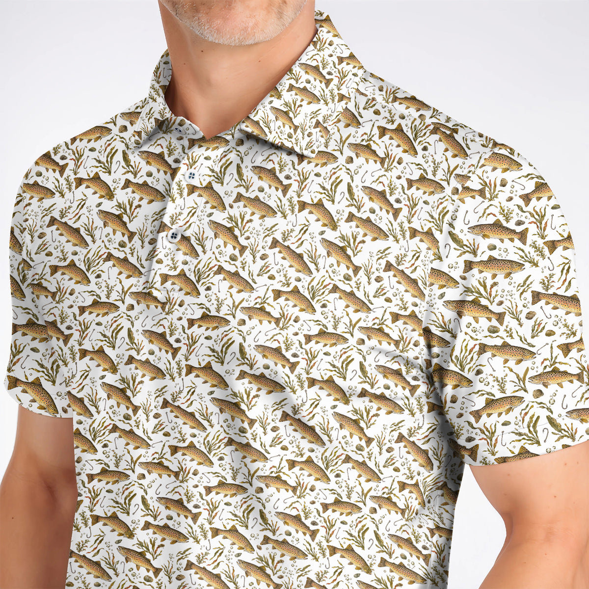 Funny Brown Trout Fishing Golf Polos, Vintage Trout & Fly Fishing Pattern Golf Shirt, Golf Gift For Golfer