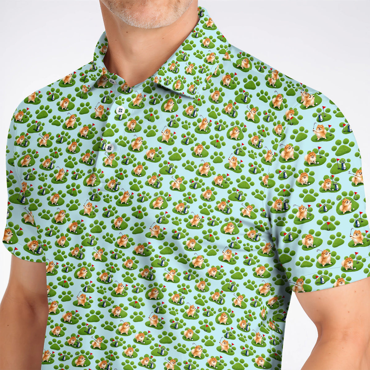 Pomeranian Paw Pattern Golf Polos, Cute Fluffy Pom Dog Pattern Golf Shirt, Crazy Golf Gift For Golfers