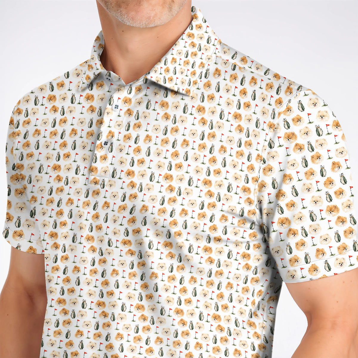 Pomeranian Golf Shirt, Fluffy Pom Dog & Golf Pattern Polos, Funny Golf Gift For Golfer
