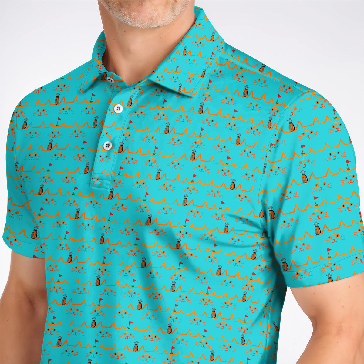 Cat Lover Golf Shirt, Turquoise Cat Face & Golf Bag Pattern Golf Polos, Funny Kitty Golf Gift for Golfers