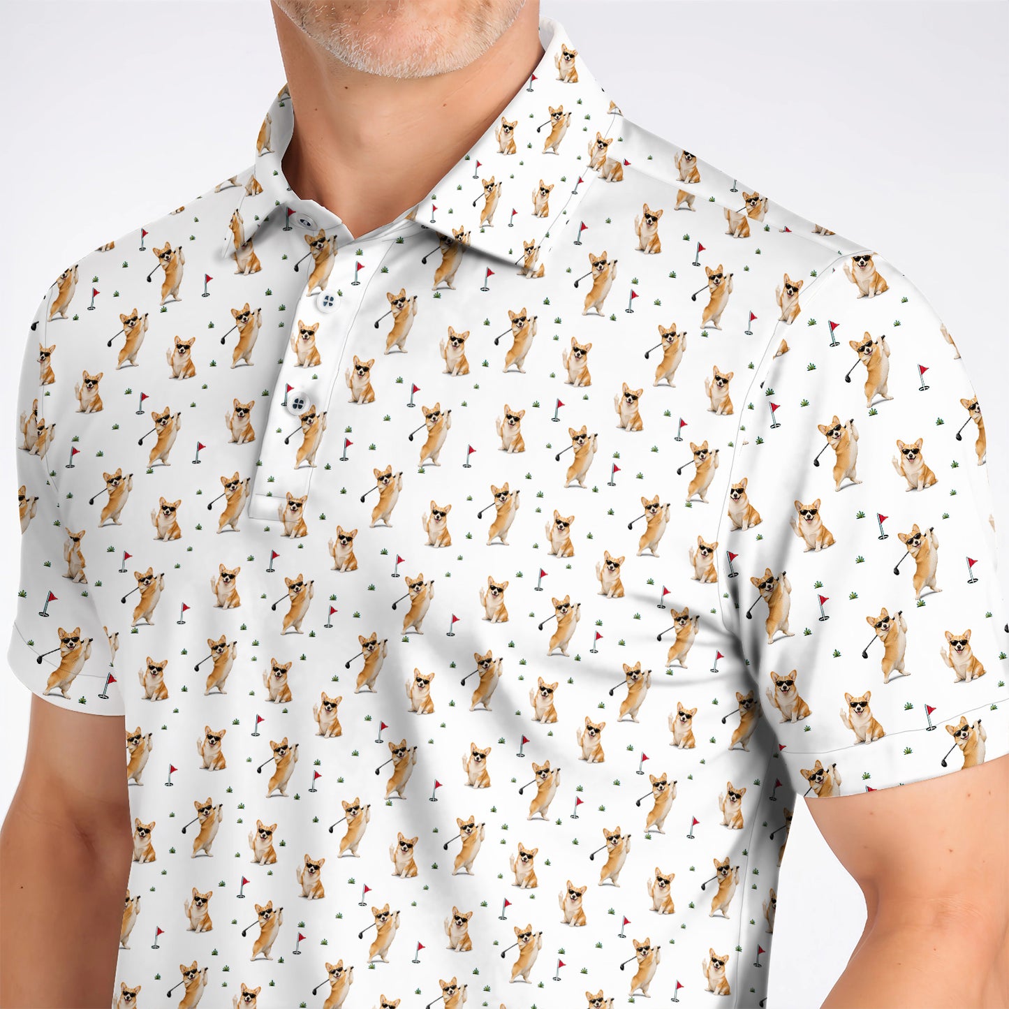 Funny Corgi Pattern Golf Polos, Pembroke Welsh Corgi Golf Shirt, Golf Gift For Golfer