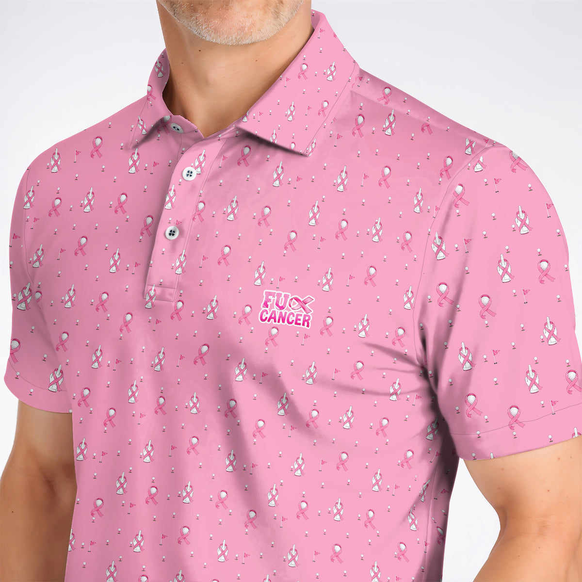 Pink Ribbon Golf Polos, Breast Cancer Awareness Pattern Golf Shirt, Supportive Golfer Gift for Golfer