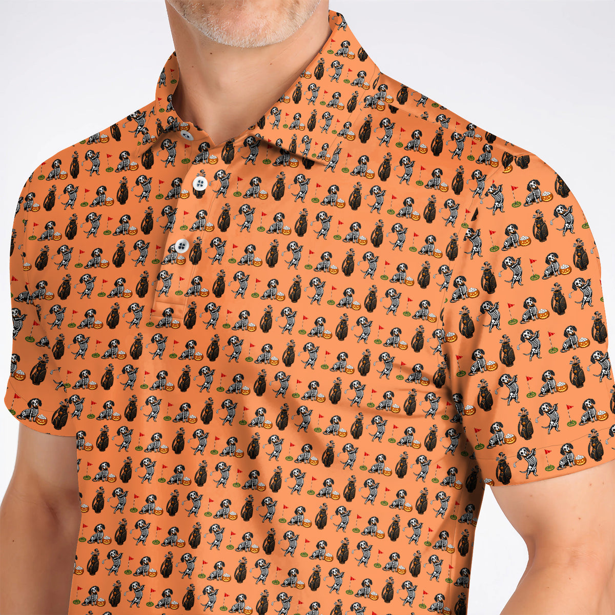 Halloween Dachshund Golf Polos, Skeleton Wiener Dog Pattern Golf Shirt, Funny Golf Gift for Golfer