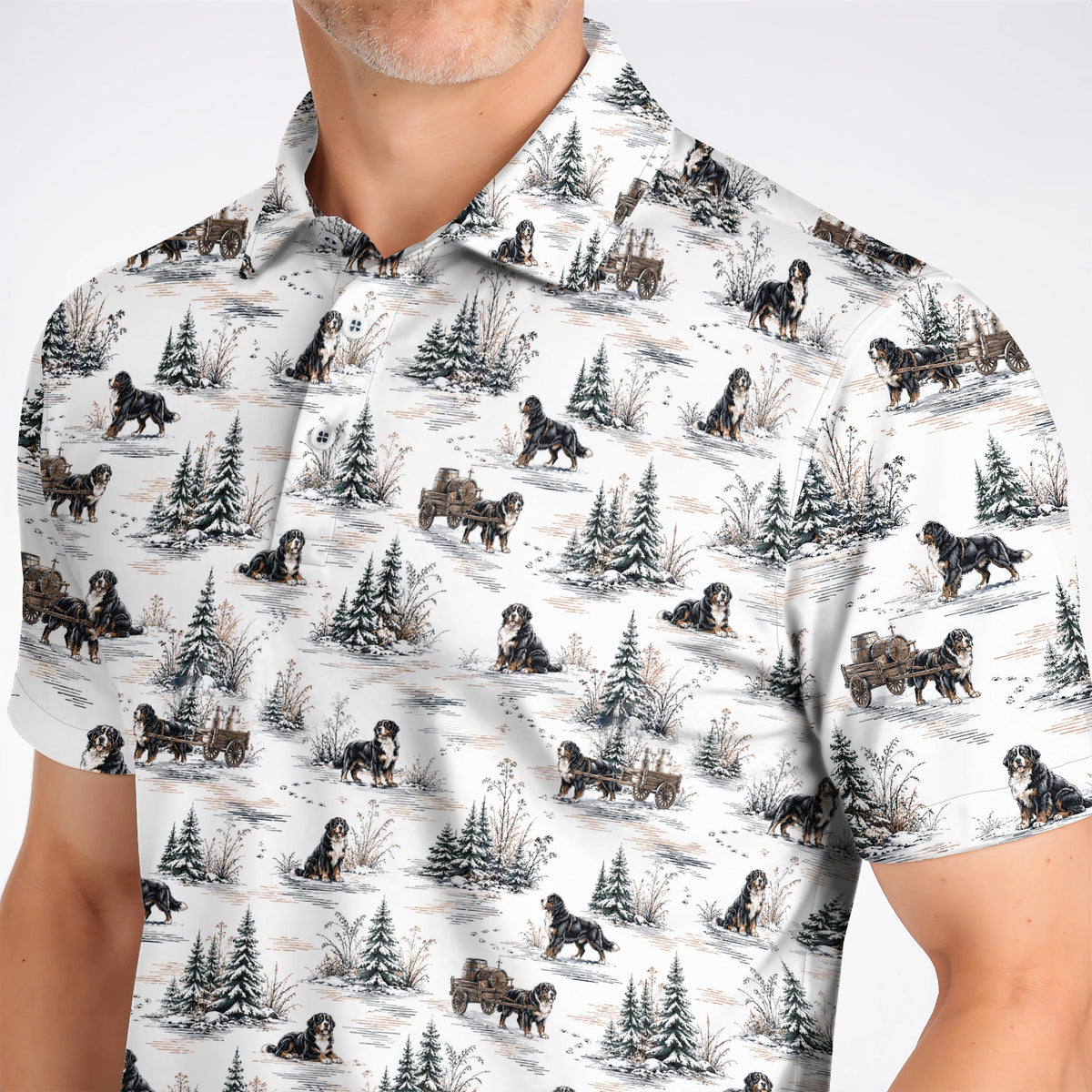 Bernese Mountain Pattern Golf Polos, Snowy Bernese Dog Golf Shirt, Dog Lover Golf Gift