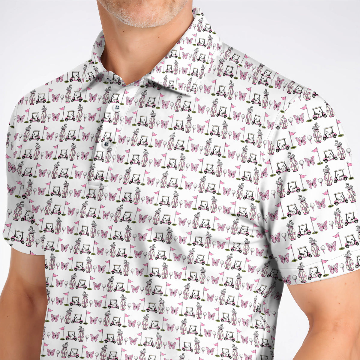Pink Ribbon Fairway Golf Polos, Breast Cancer Support Golf Cart & Butterfly Pattern Shirt, Awareness Gift for Golfers