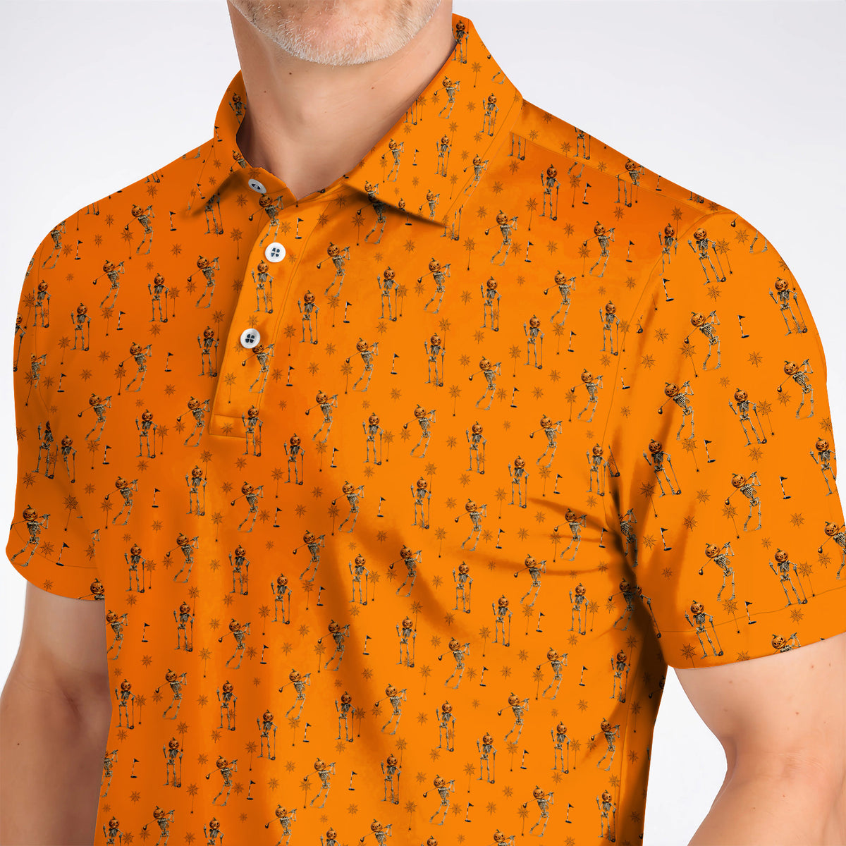Halloween Skeleton Golf Polos, Pumpkin Head Pattern Golf Shirt, Funny Golf Gift for Golfer