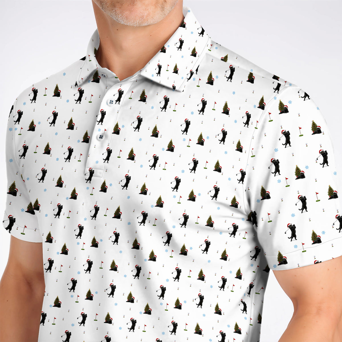 Black Cat Christmas Golf Shirt, Funny Cat Pattern Golf Polos, Xmas Golf Gift for Golfers