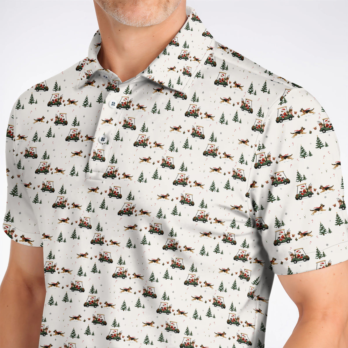 German Shepherd Pattern Golf Polos, German Christmas Golf Cart Shirt, Festive Golf Gift for Dog Lovers