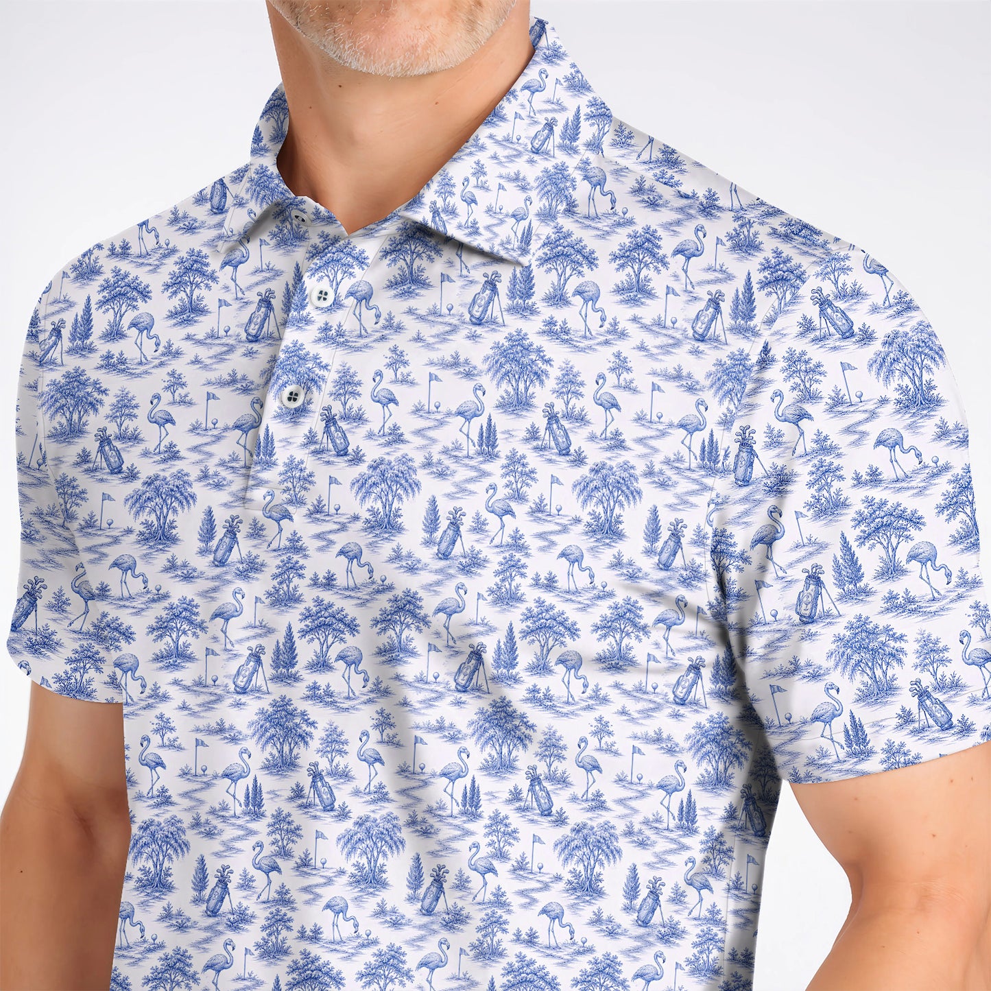 Toile De Jouy Flamingo Pattern Golf Shirt, Crazy Pink Golf Polos, Golf Gift For Golfer