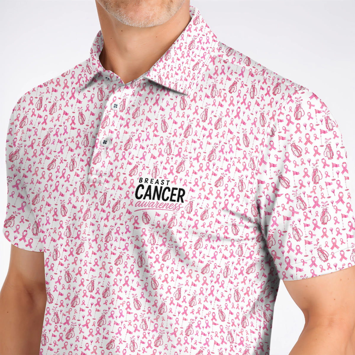 Breast Cancer Awareness Golf Polos, Pink Ribbon Golf Bag Pattern Shirt, October Golf Gift for Golfer