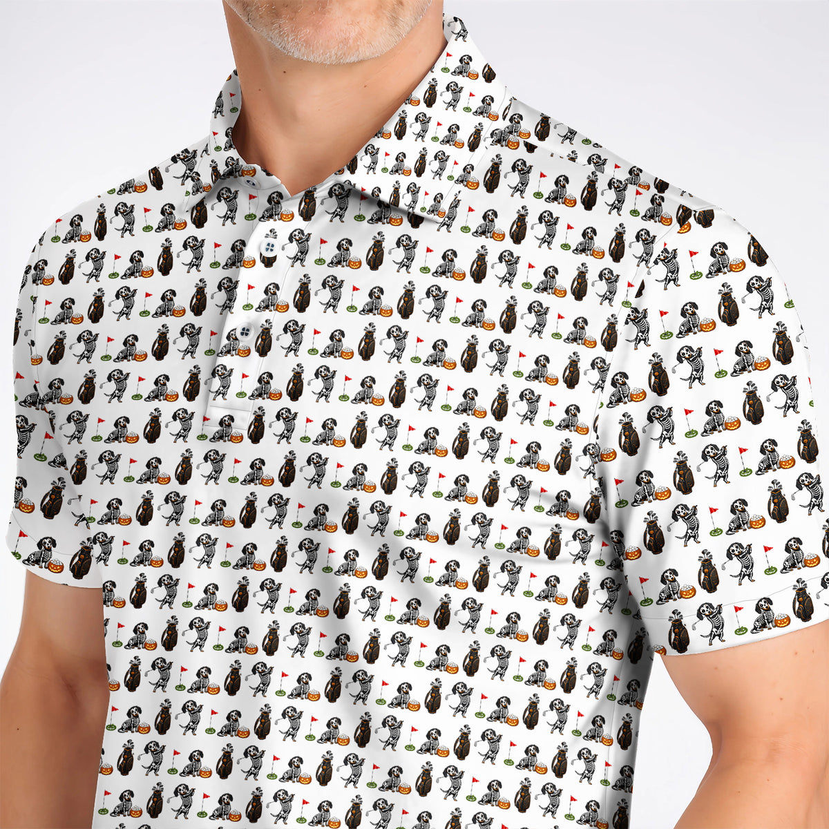Halloween Dachshund Golf Polos, Skeleton Wiener Dog Pattern Golf Shirt, Funny Golf Gift for Golfer
