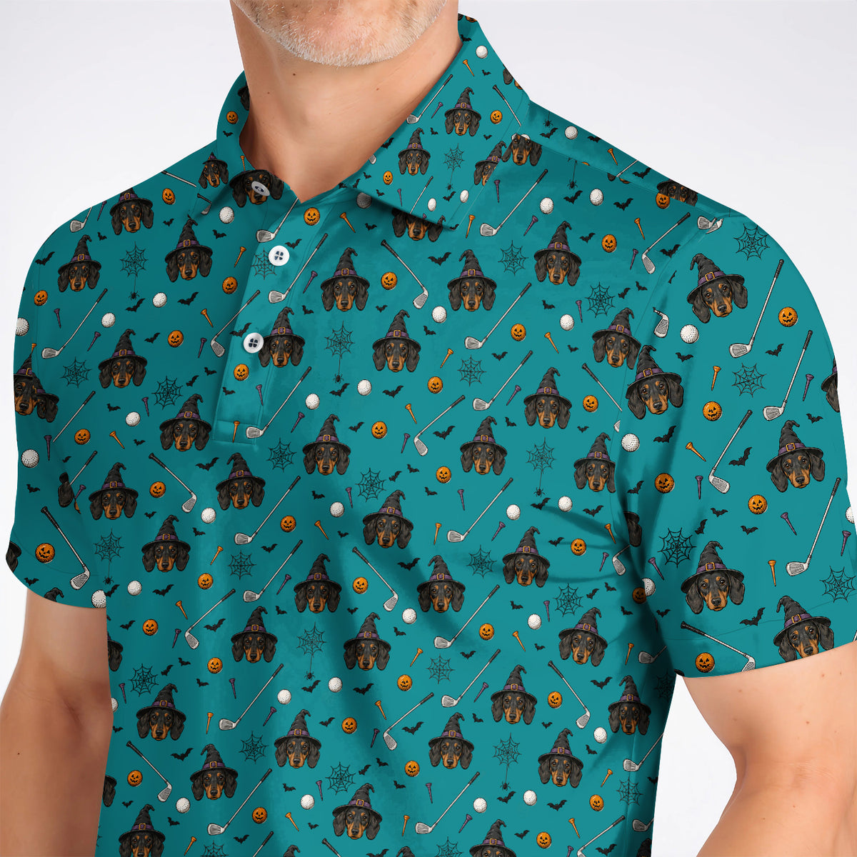 Witch Dachshund Golf Polos, Halloween Wiener Dog Pattern Golf Shirt, Golf Gift for Golfer