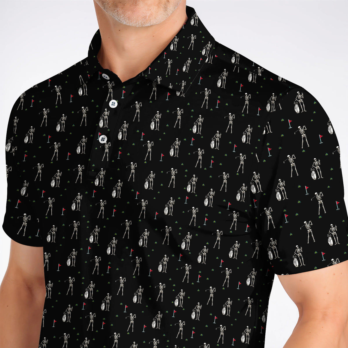 Funny Skeleton Golf Polos, Skeleton Pattern Golf Shirt, Golf Gift For Golfer