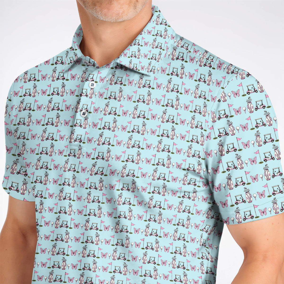 Pink Ribbon Fairway Golf Polos, Breast Cancer Support Golf Cart & Butterfly Pattern Shirt, Awareness Gift for Golfers