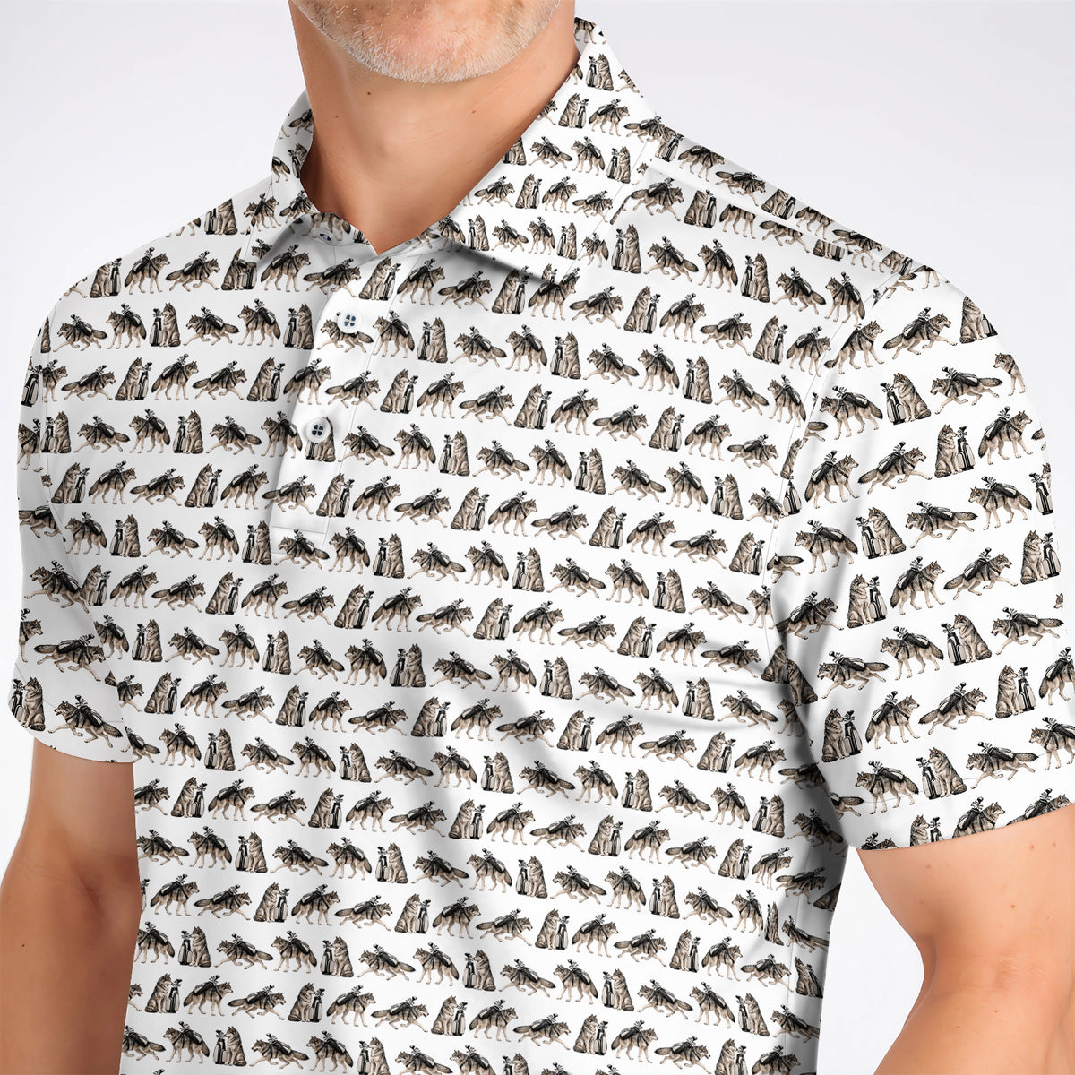 Wolf Golf Pattern Polos, Wild Wolf Golfing Shirt, Unique Wolf Golf Gift for Golfers