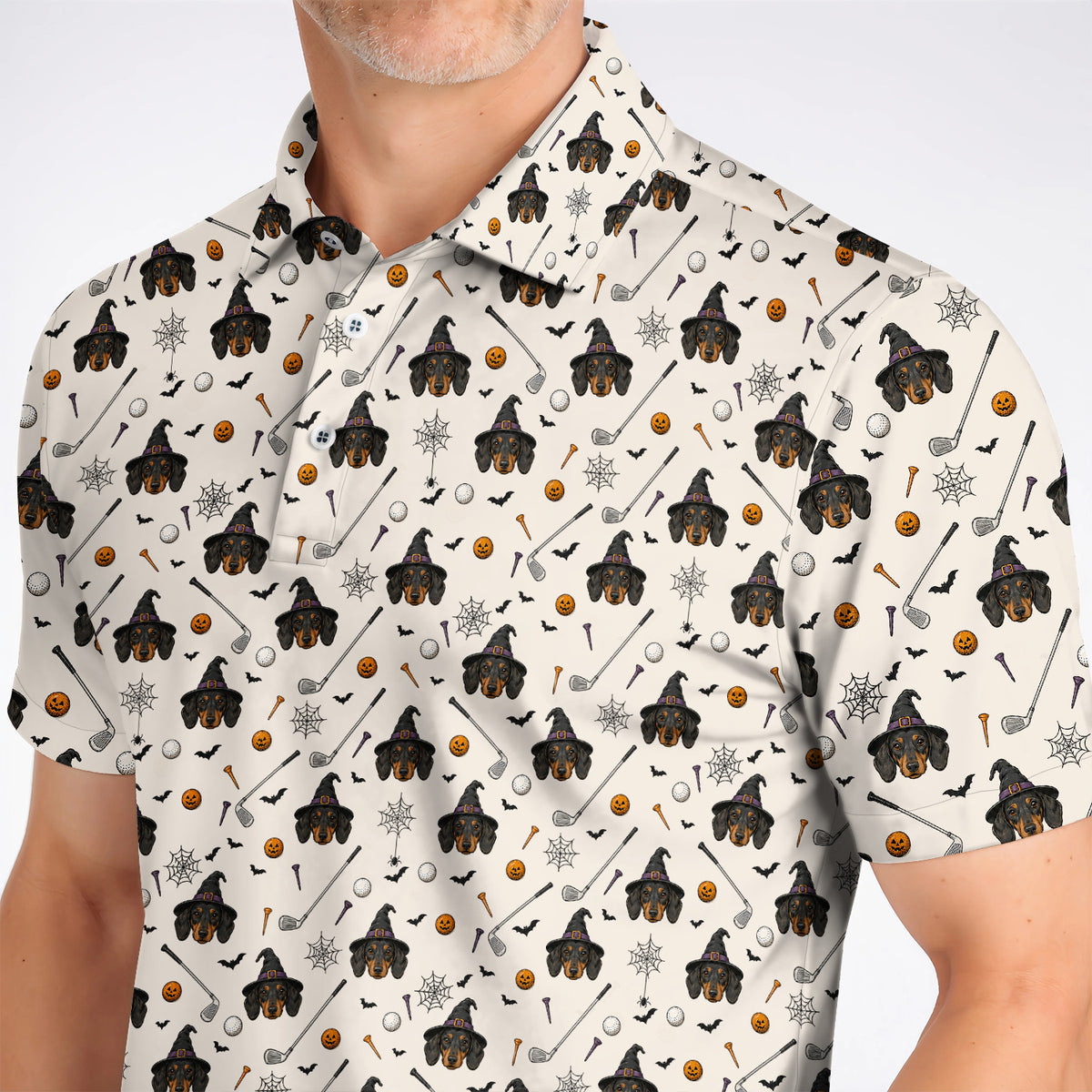 Witch Dachshund Golf Polos, Halloween Wiener Dog Pattern Golf Shirt, Golf Gift for Golfer